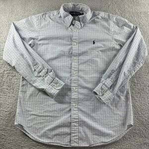 VINTAGE Ralph Lauren Shirt Mens Large Classic Fit Grid Check‎ Plaid White Blue